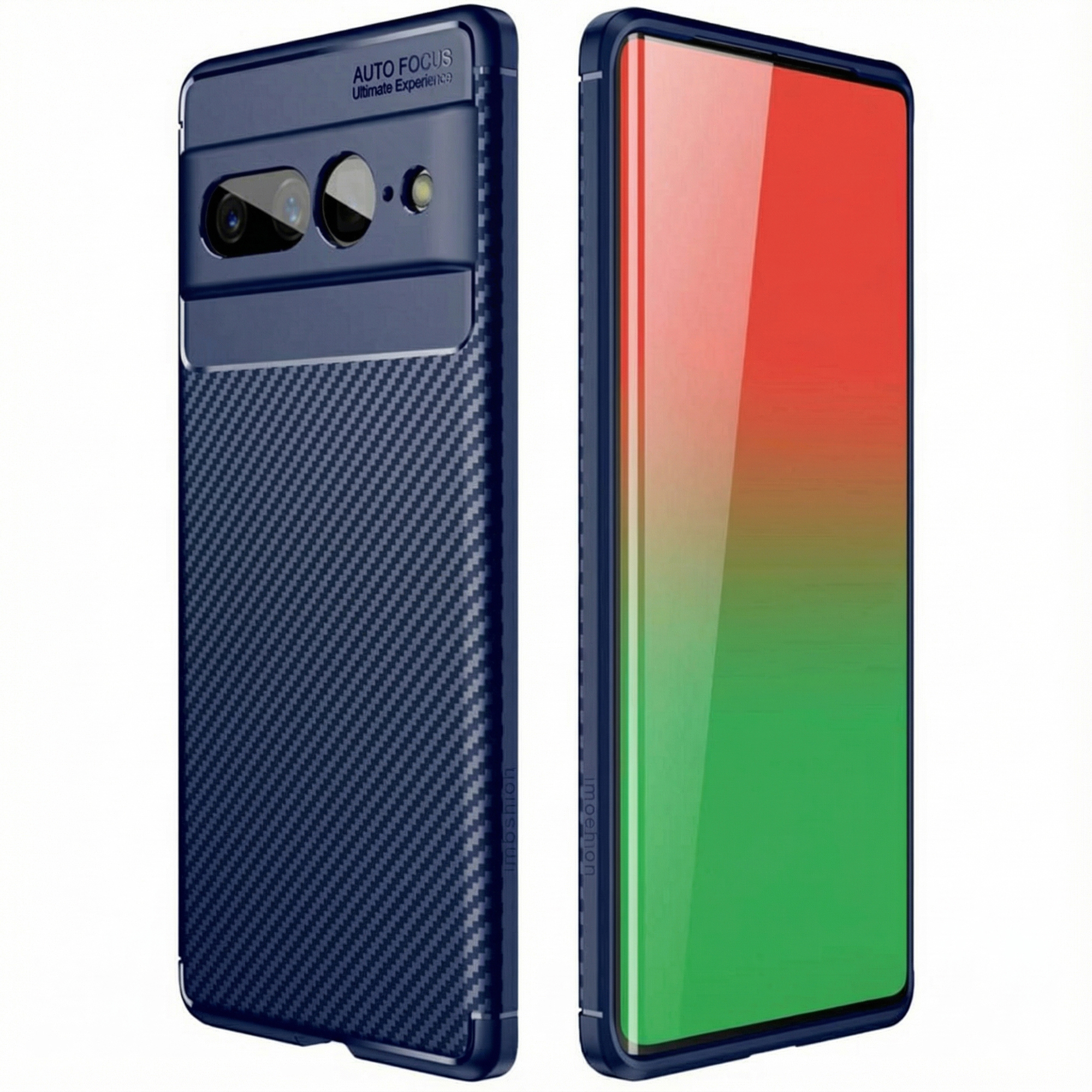 Dunkelblaue Handyhülle mit Carbonmuster und Kamerasteg; daneben ein Smartphone mit rotem und grünem Bildschirm.