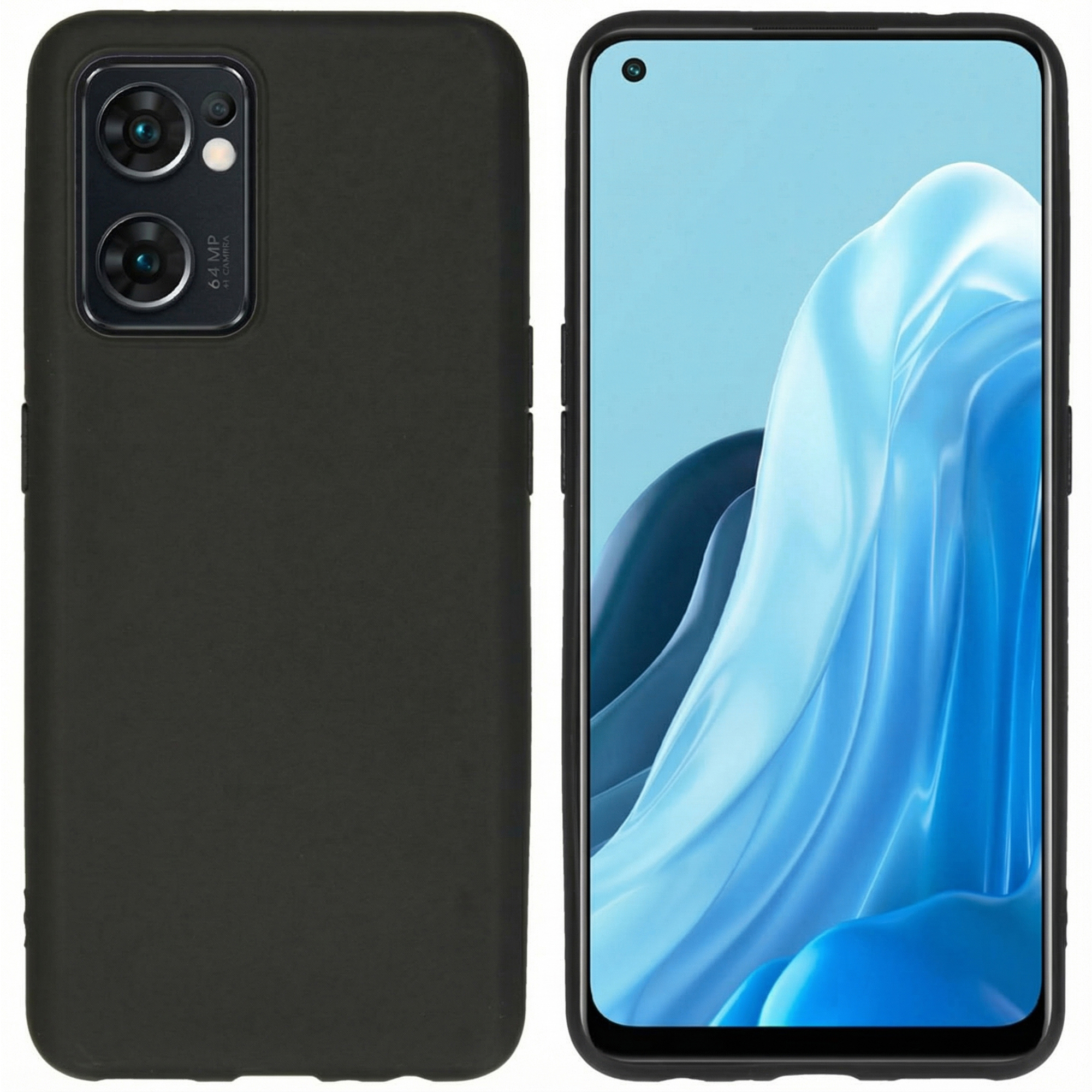 Cover nera per telefono e fronte di smartphone con sfondo blu.