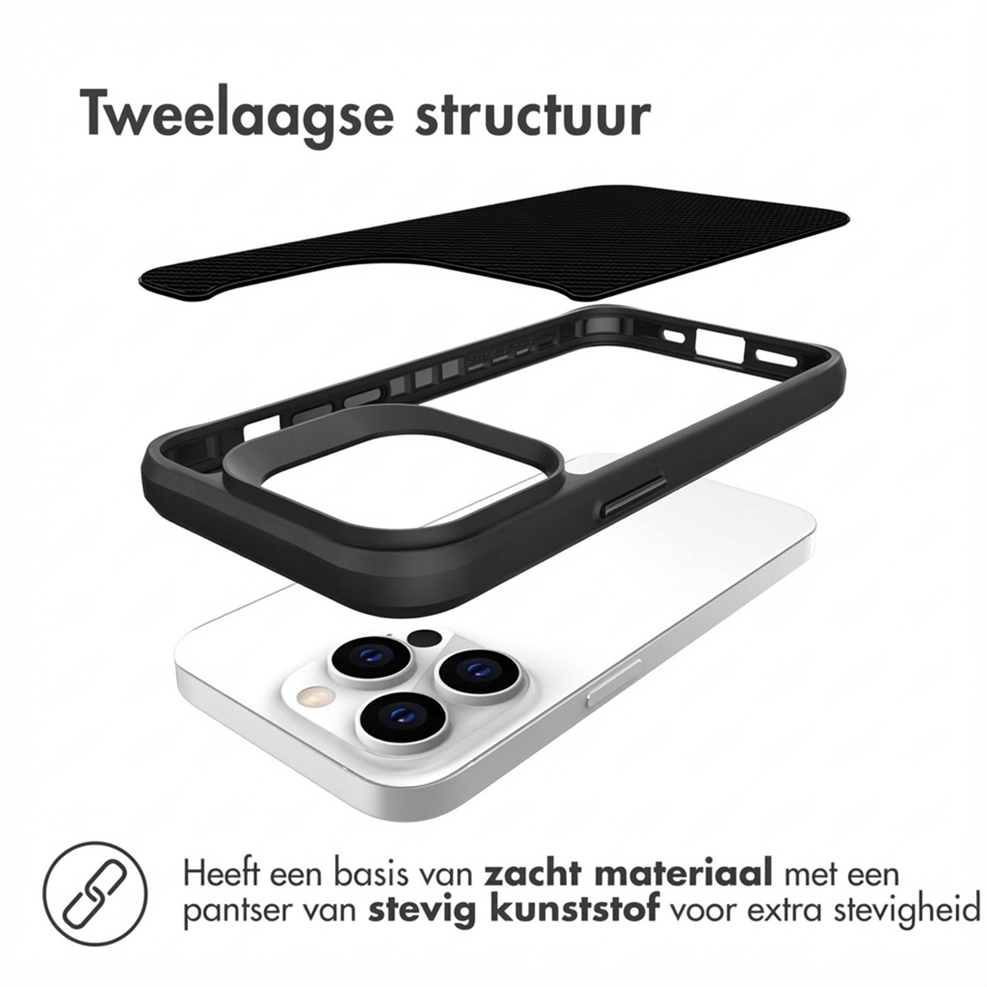 Structure à deux couches : Coque avec base souple et blindage en plastique dur.
