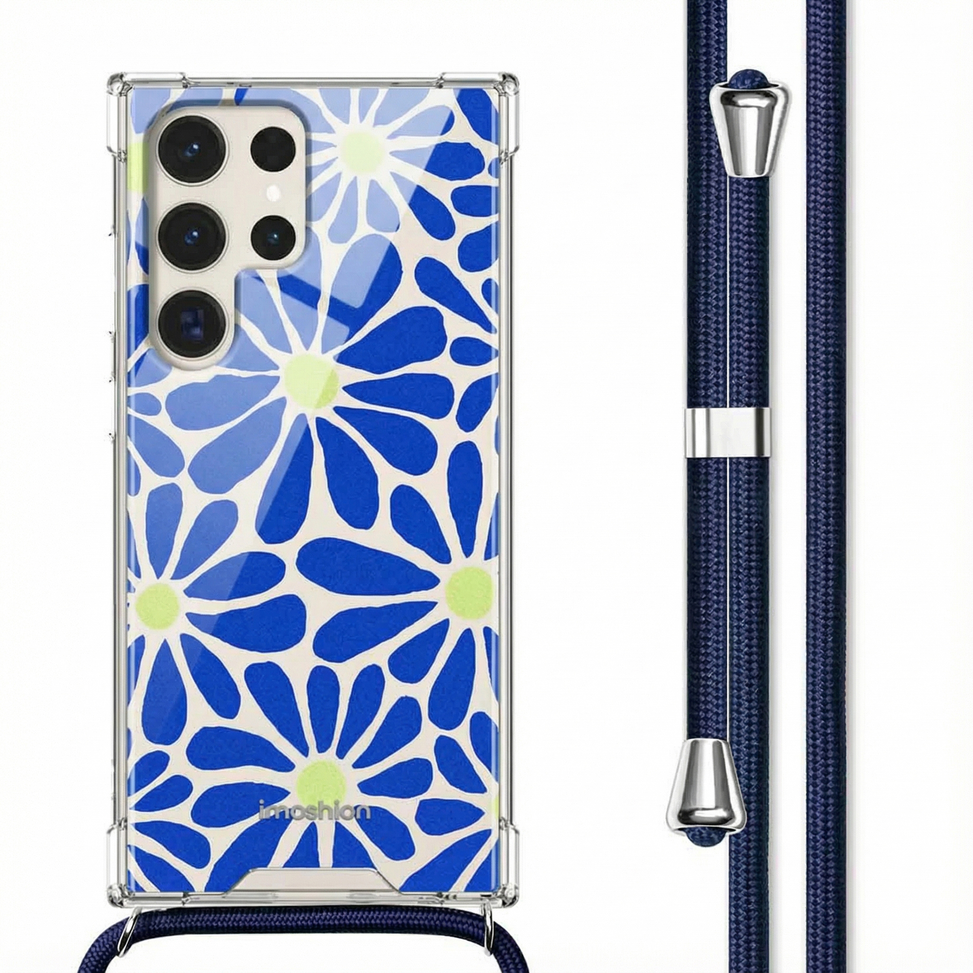 Doorzichtige hoes met blauw-wit bloemenpatroon en koord.