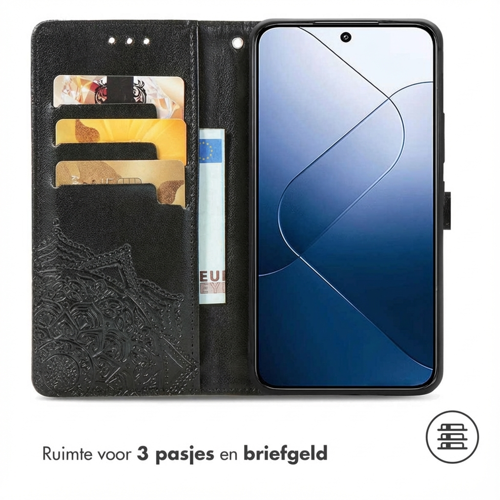 Zwarte telefoonhoes met kaarthouders en geldvak. Toont een mobiele telefoon.