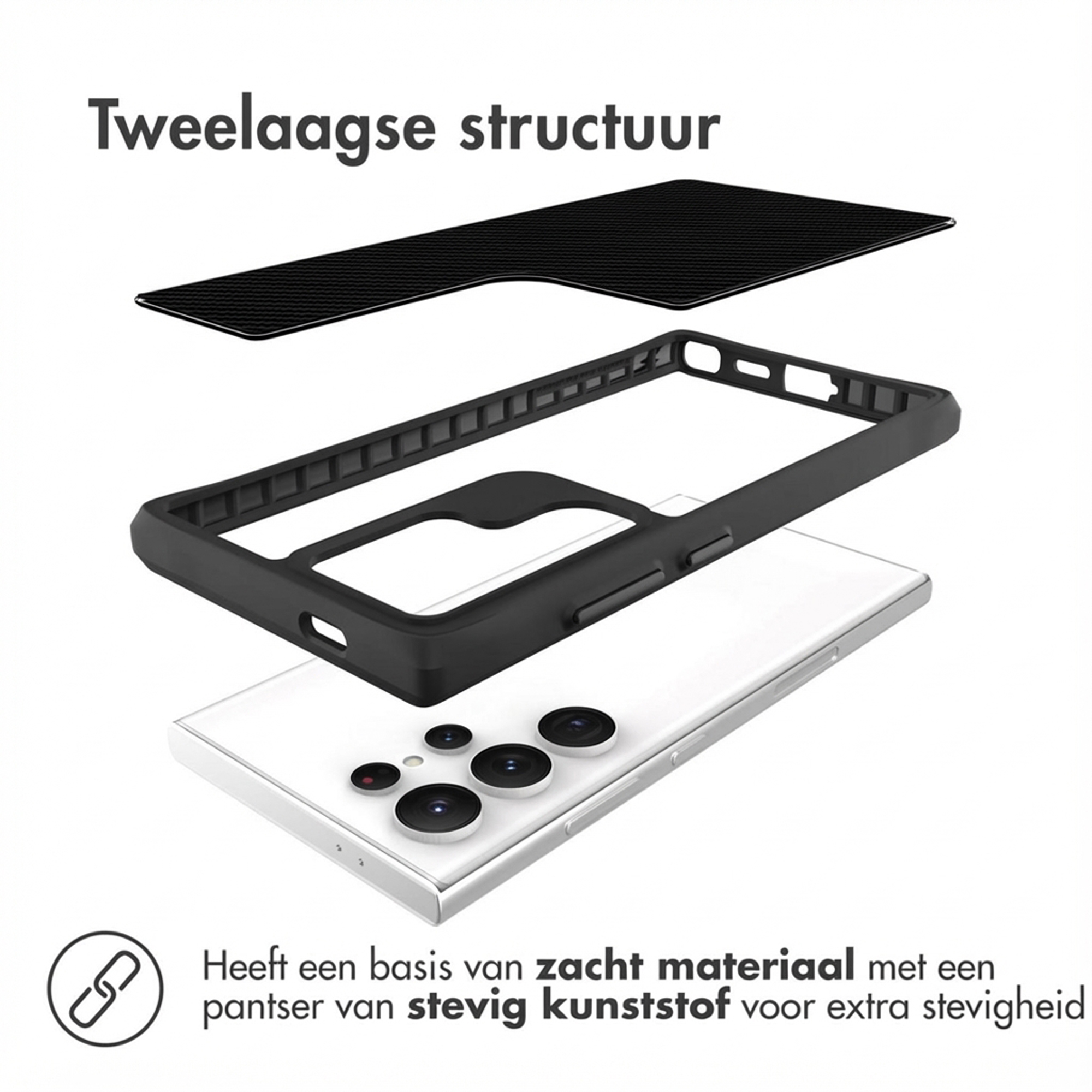 Coque de téléphone à deux couches : cadre et dos noirs sur un téléphone blanc.