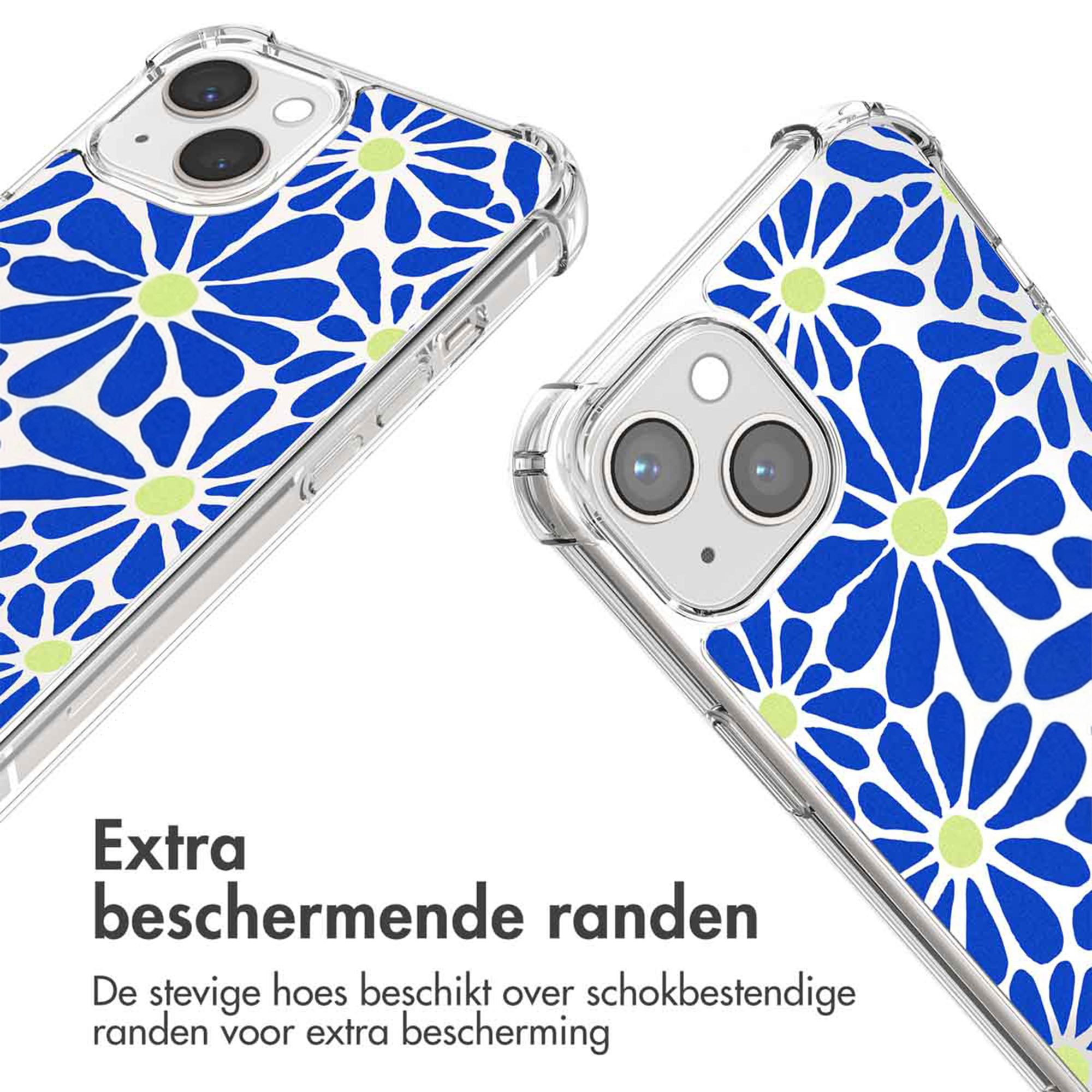 Coque de téléphone transparente avec motif floral bleu et découpe caméra.