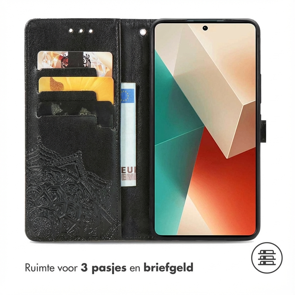 Zwart leren flipcase voor smartphone met kaarthouders en geldvak.
