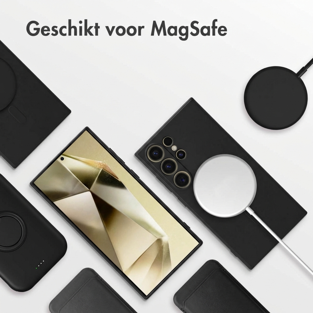 Coque de téléphone noire avec chargeur MagSafe et accessoires disposés sur fond blanc.
