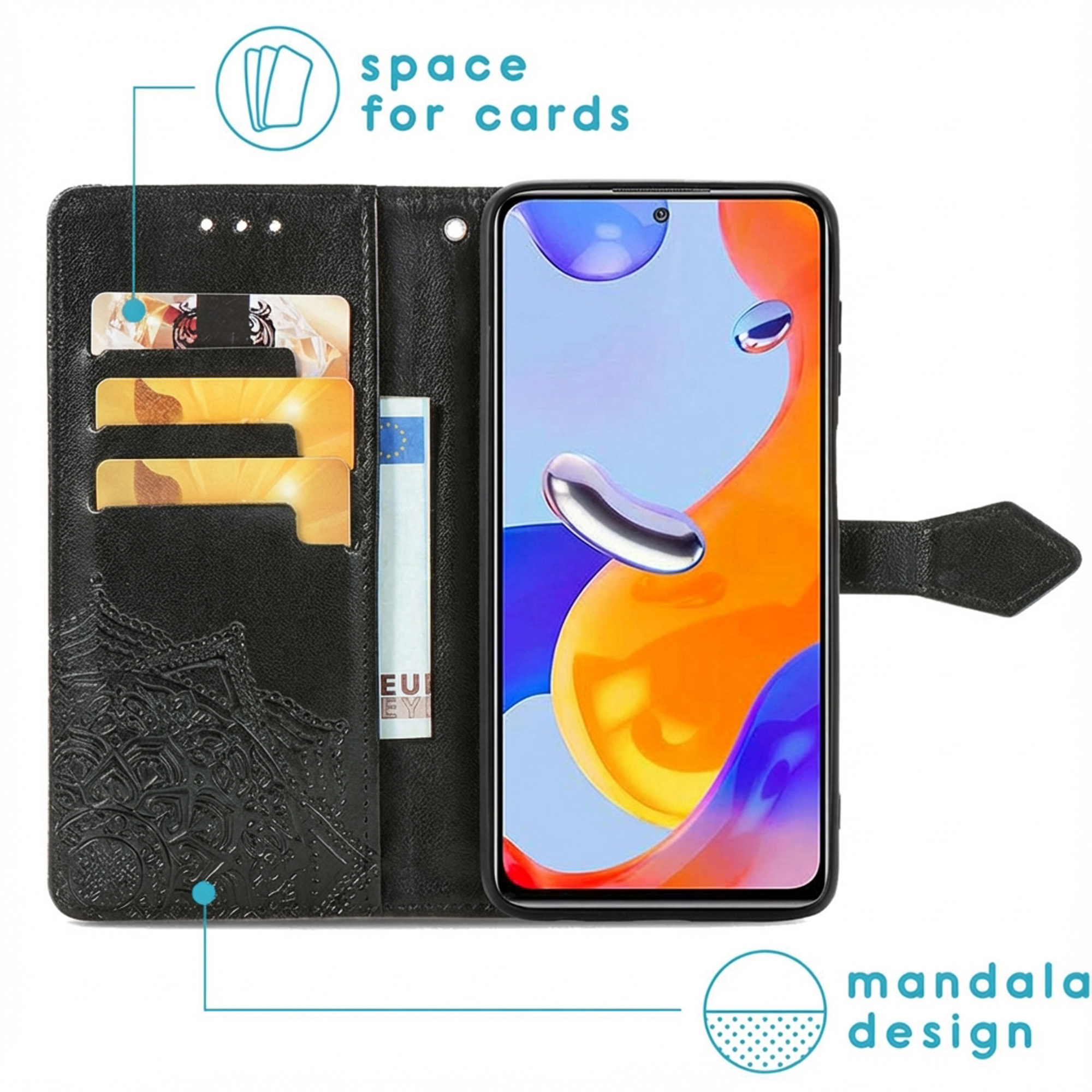 Zwarte telefoon flipcase met kaarthouders en mandala-design.