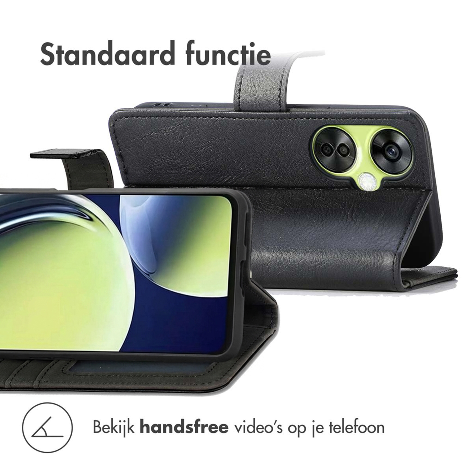 Una custodia in pelle nera con funzione di supporto mostra uno smartphone con sfondo verde.