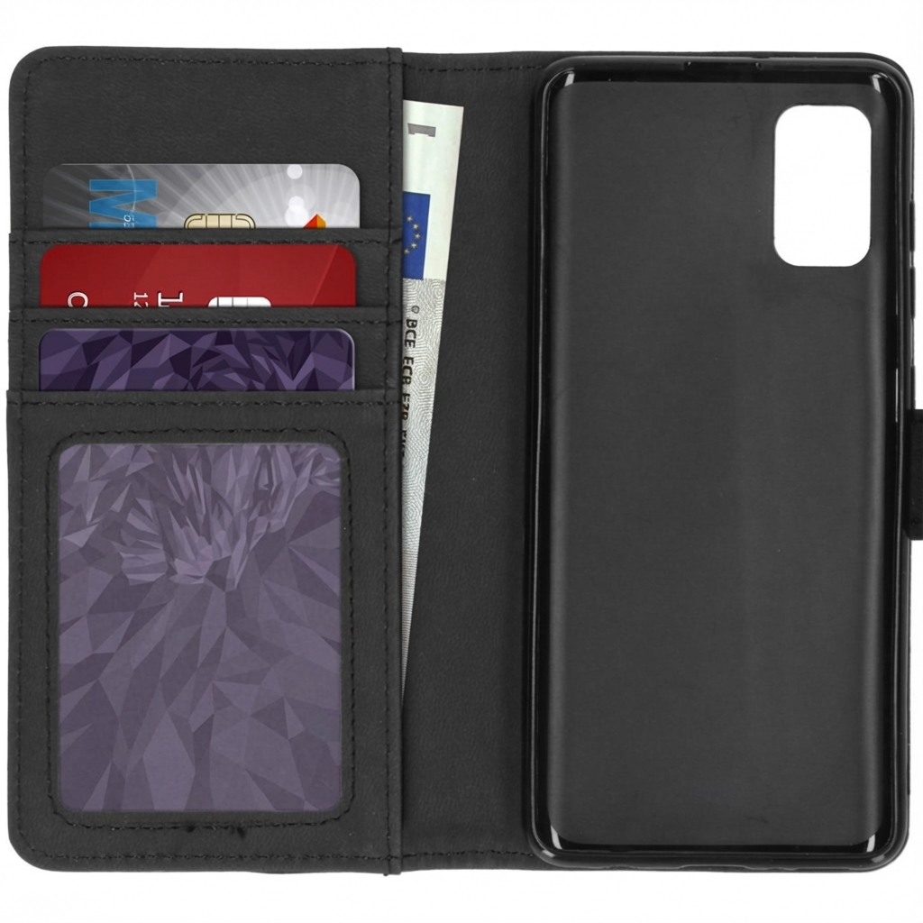 Étui de téléphone noir avec fentes pour cartes et compartiment à billets.