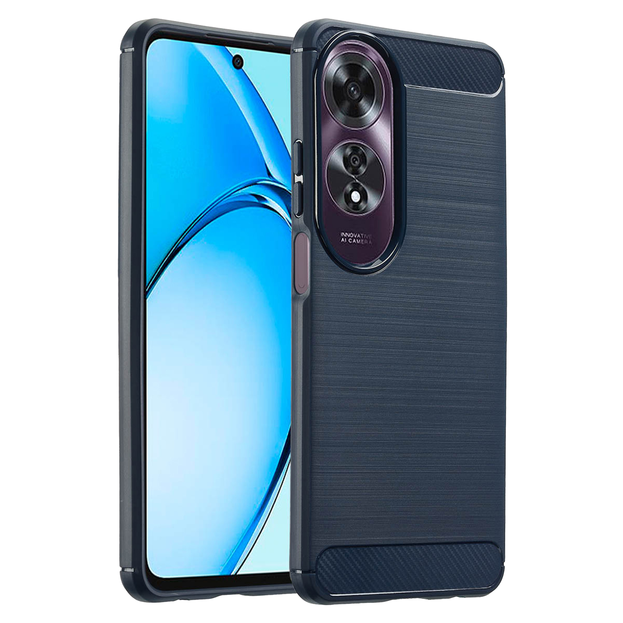 Un téléphone bleu foncé avec appareil photo et écran bleu dans un étui.