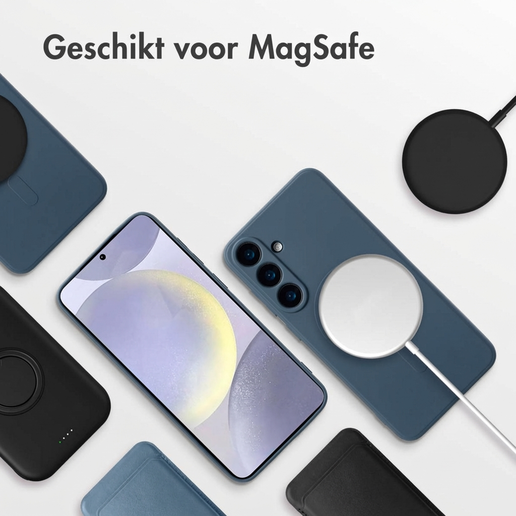 Blauw telefoonhoesje met MagSafe oplader en kabel, zwarte hoes, telefoon.