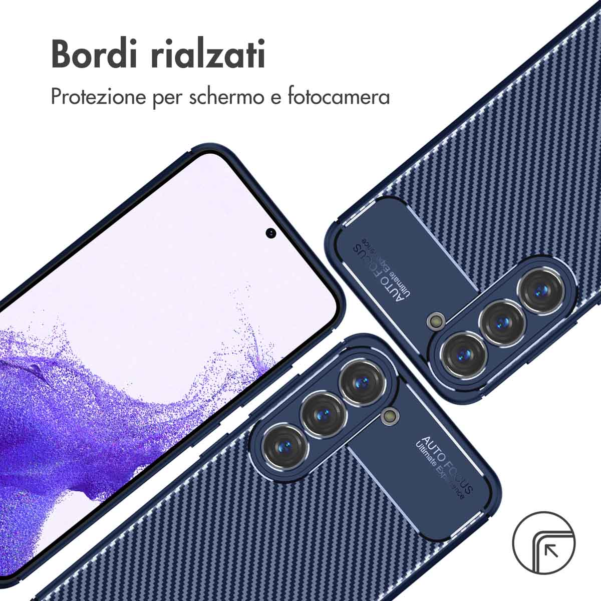 Blauwe telefoonhoesjes met carbonpatroon, één met verhoogd scherm, close-up.