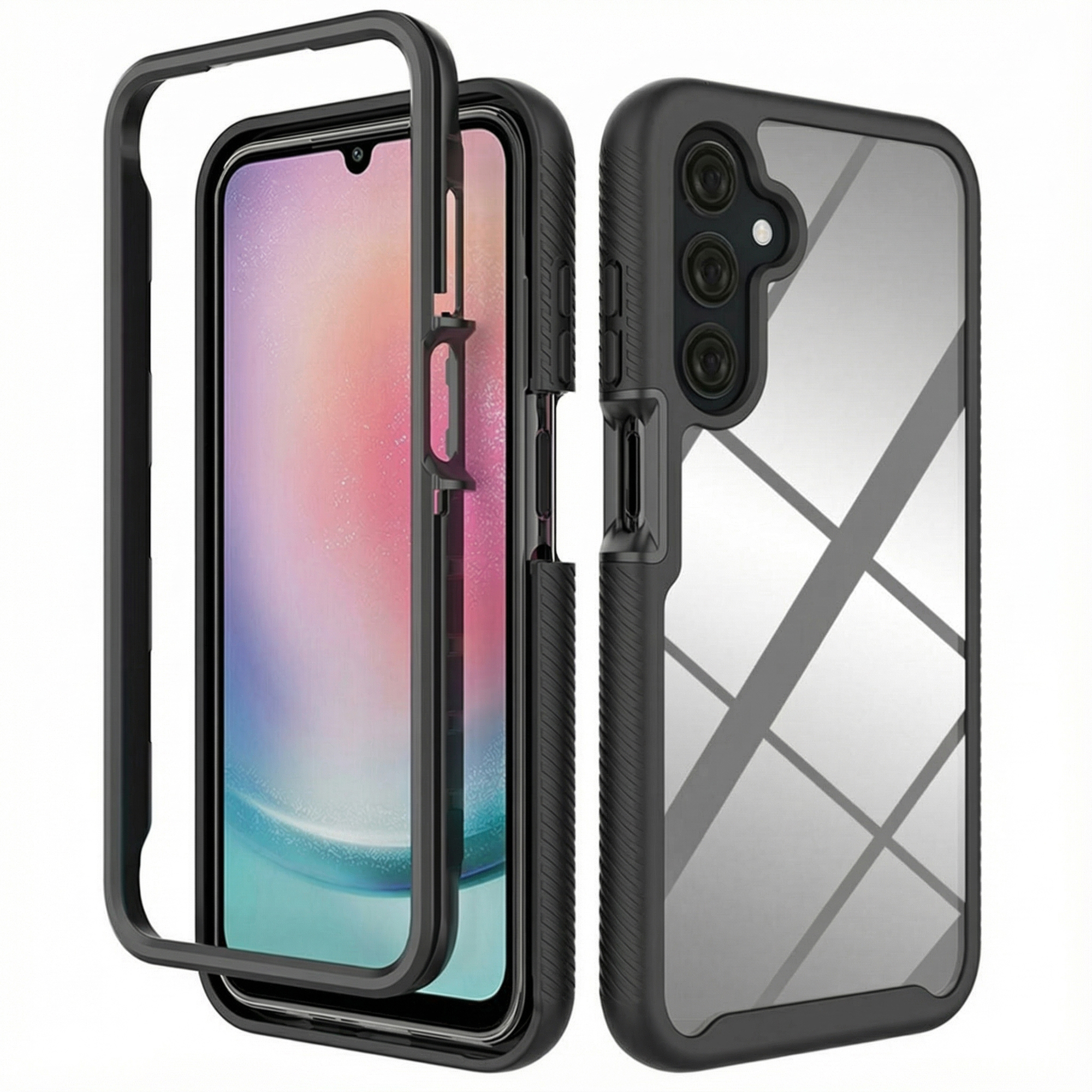 Une coque de téléphone noire avec dos transparent et triple appareil photo.