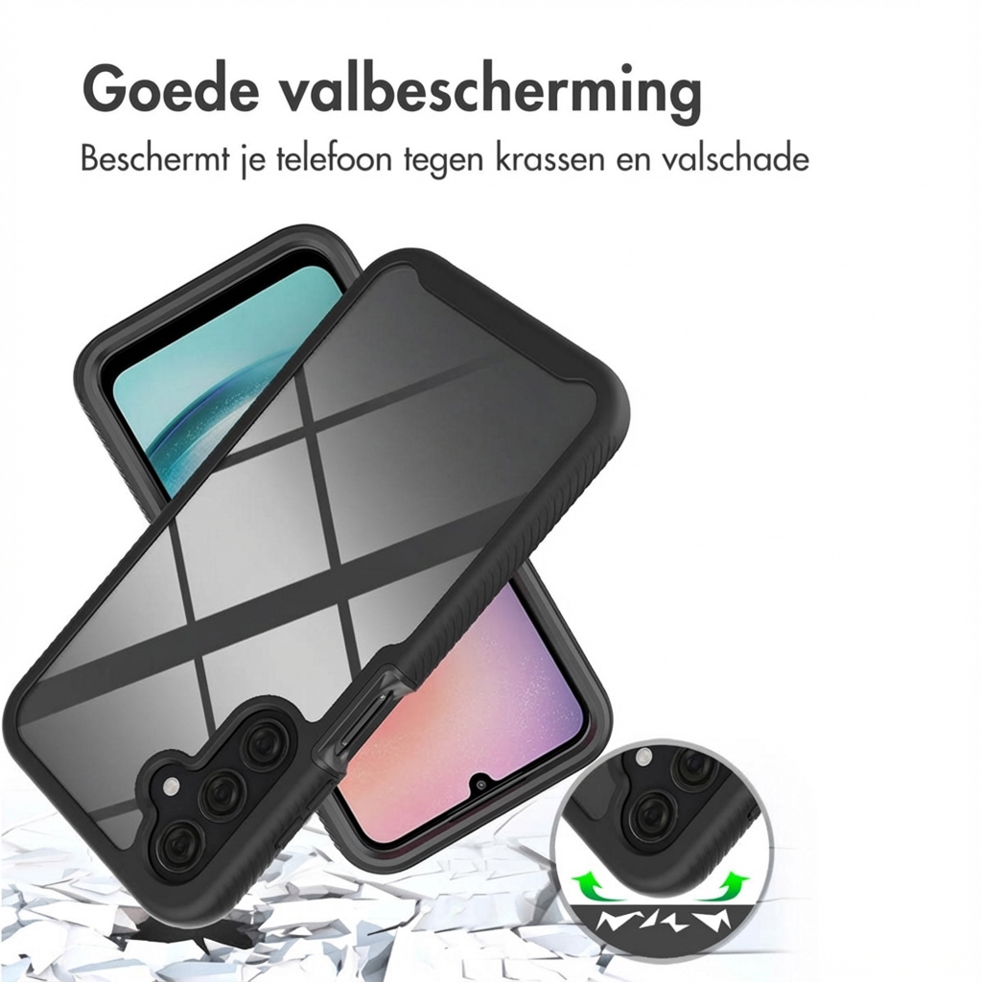 Une coque de téléphone noire avec un dos transparent repose sur un téléphone.