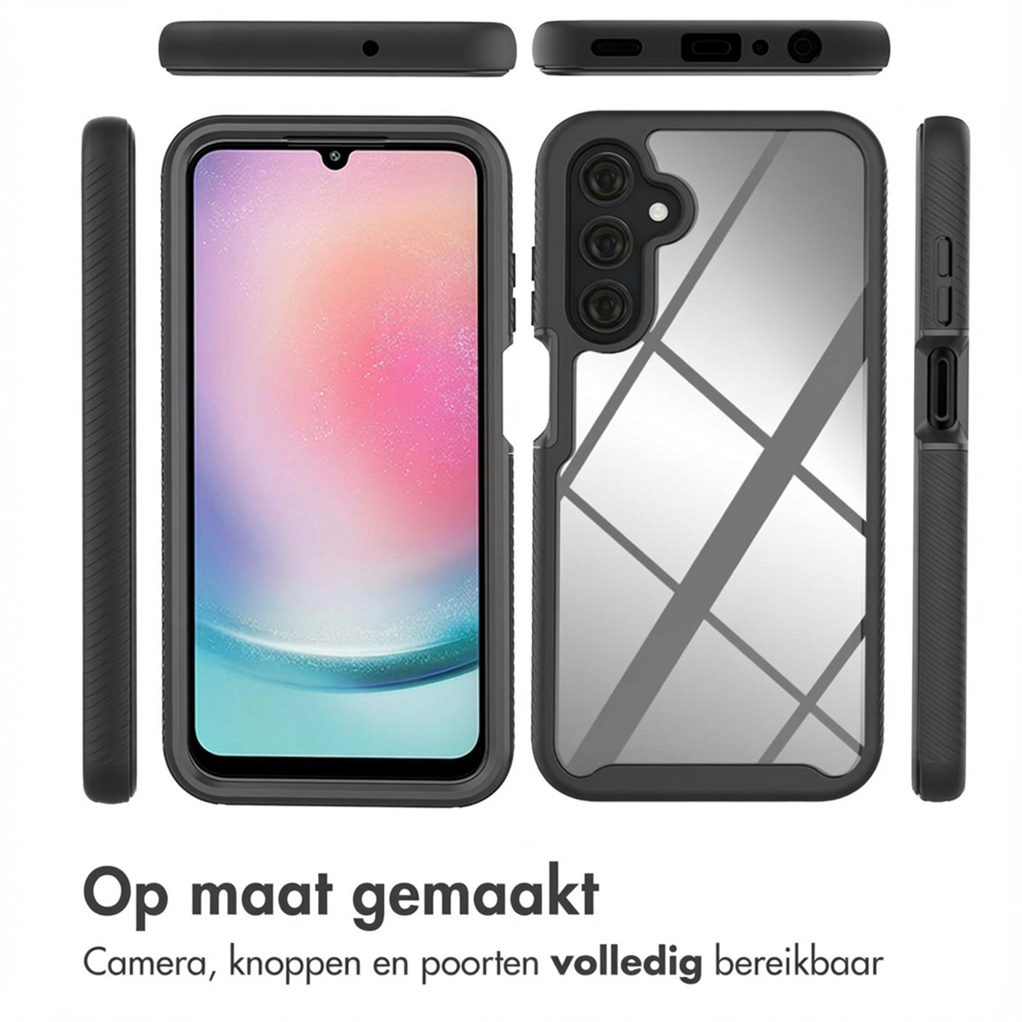Coque de téléphone noire avec dos transparent et découpe caméra. Vues de dessus, dessous, côté.