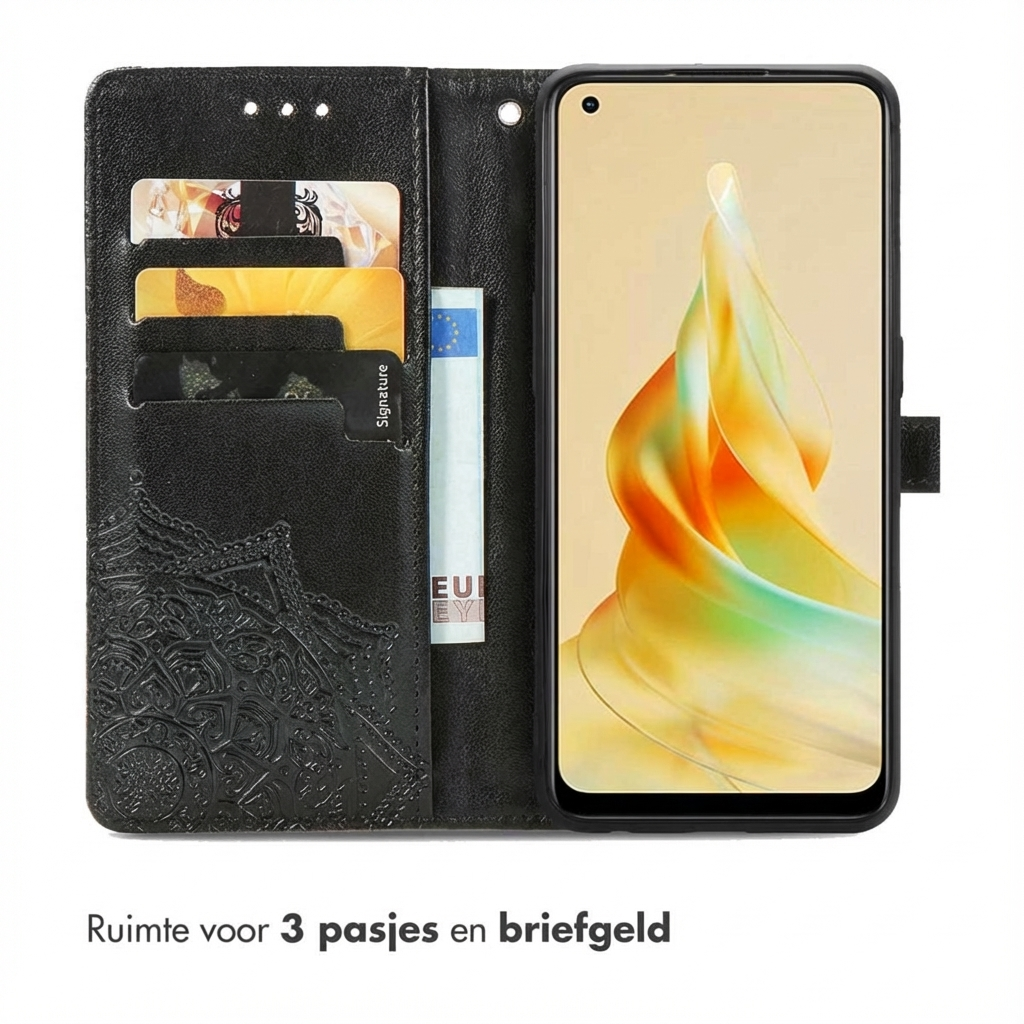 Zwart telefoonhoesje met kaarthouders en telefoon.