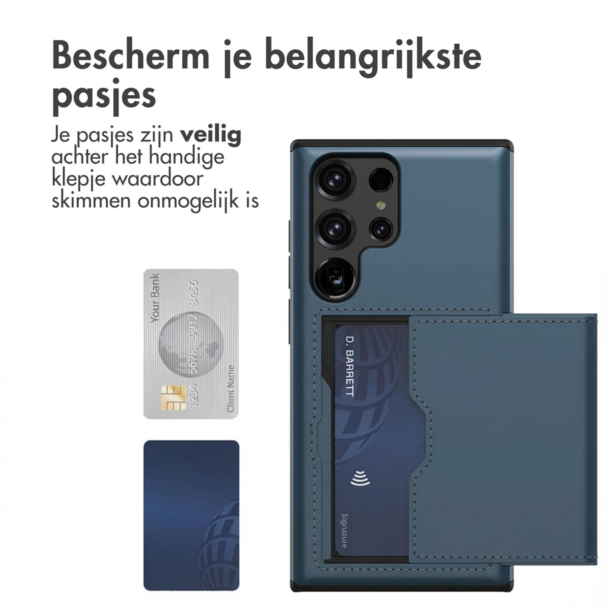 Coque de téléphone bleue avec fentes pour cartes, montrant des cartes de crédit.