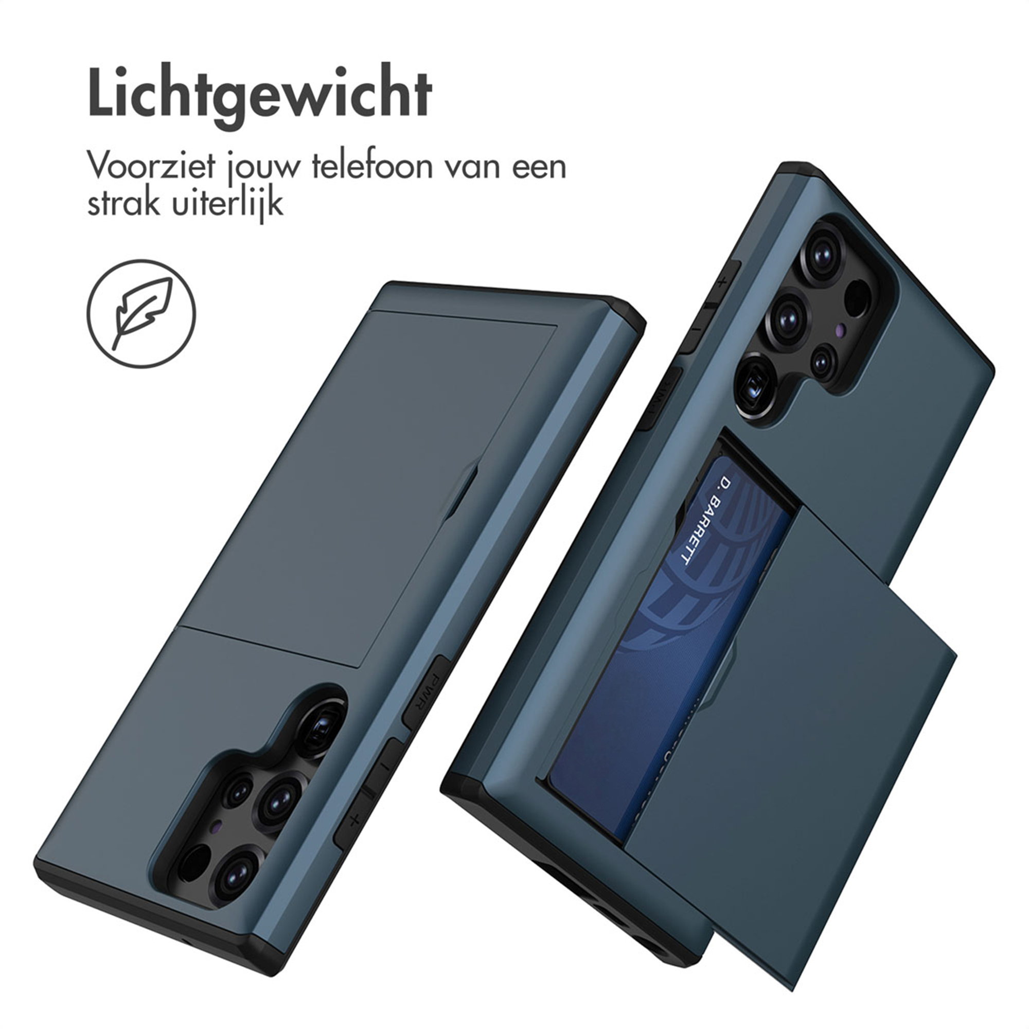 Coque de téléphone bleu foncé avec fente pour carte, vue sous deux angles.