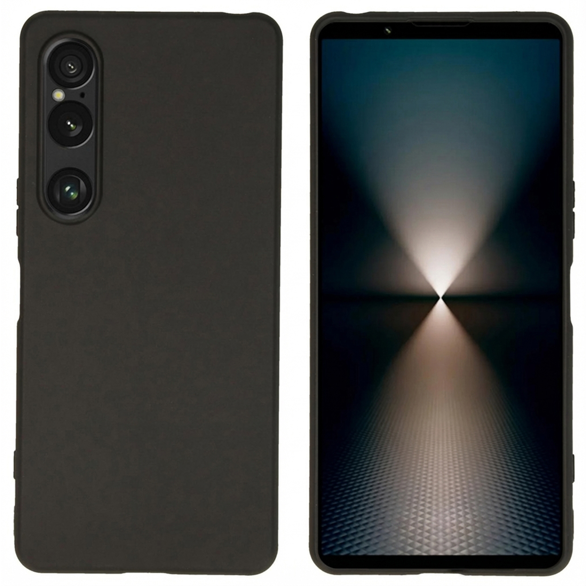 Coque de téléphone noire avec trois caméras arrière et un smartphone avec fond abstrait.