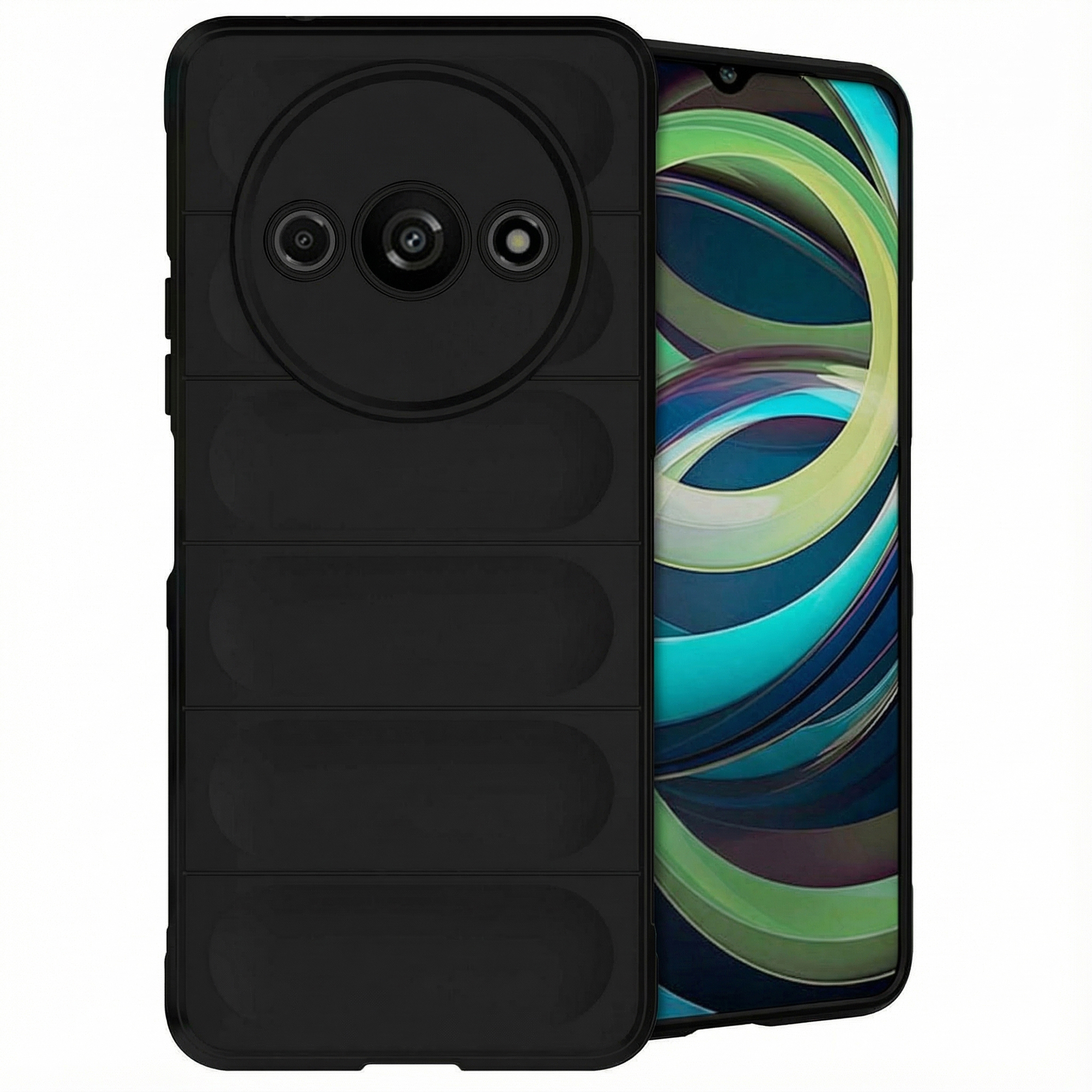 Coque de téléphone noire avec îlot de caméra rond et smartphone avec fond coloré.