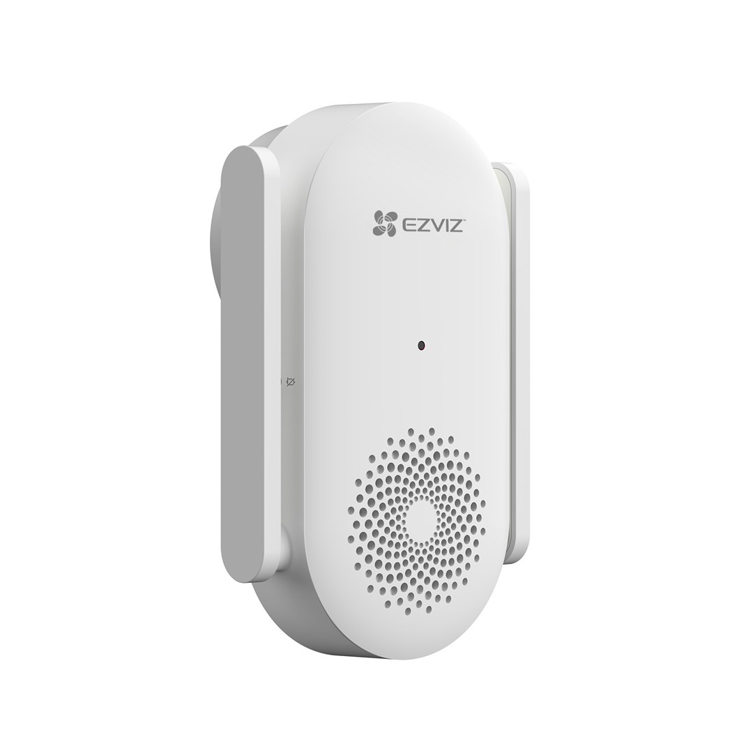 Un appareil blanc EZVIZ avec une grille de haut-parleur et un petit voyant rouge.