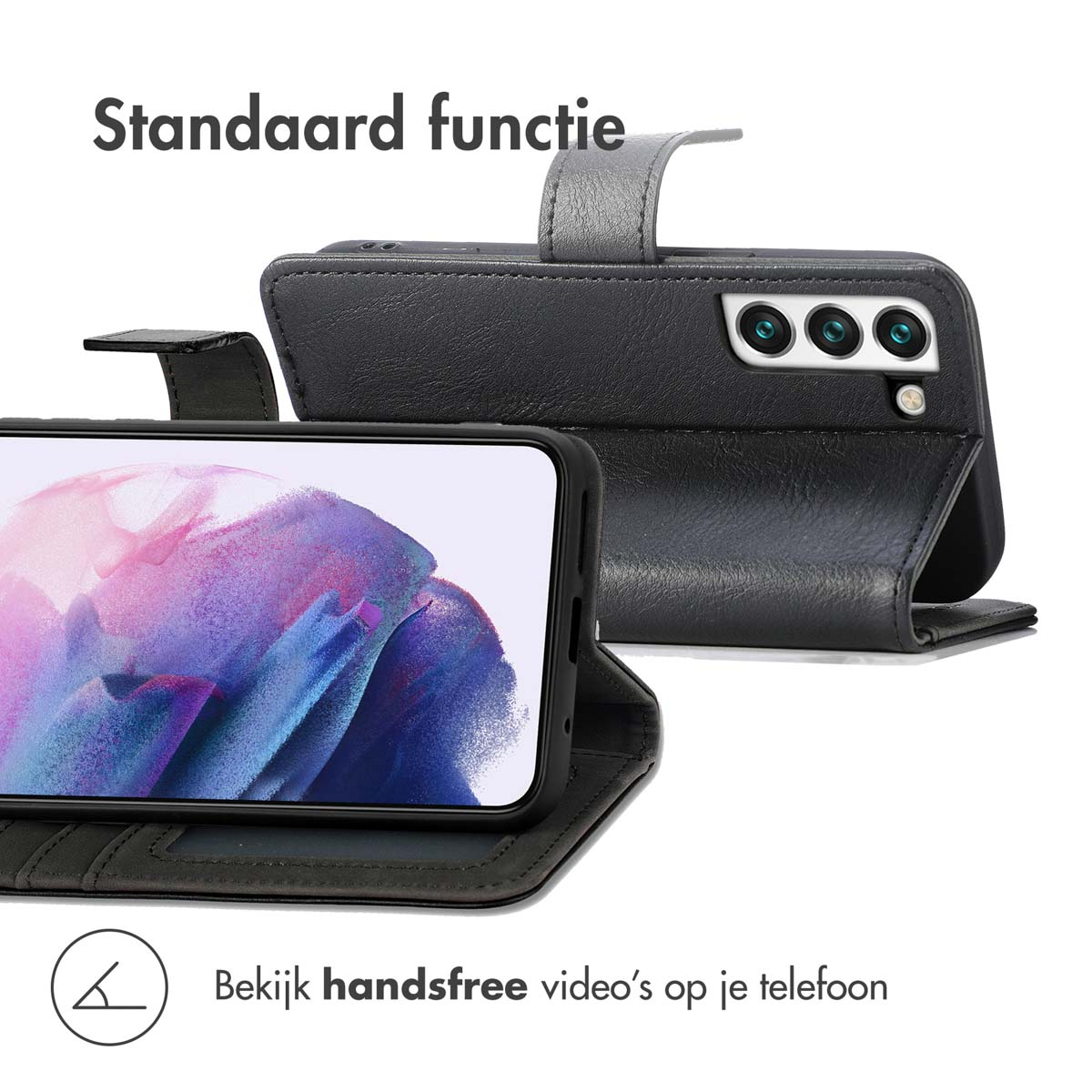 Zwarte leren telefoonhoes in stand-modus, met scherm en camera zichtbaar.