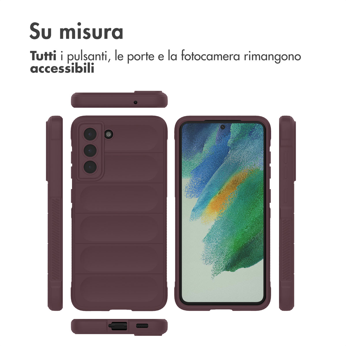 Drie weergaven van een donkerrode telefoonhoes met een gewatteerd ontwerp en uitsparingen.
