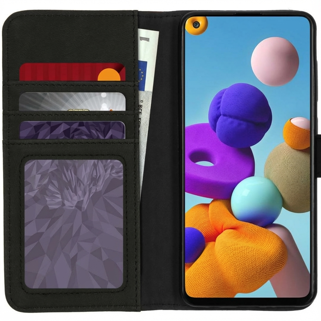 Portefeuille noir avec fentes pour cartes et un téléphone affichant des sphères colorées.