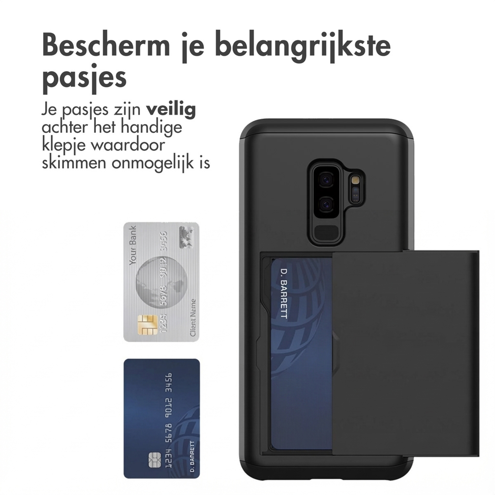Custodia nera per telefono con slot per carte contenente due carte di credito.
