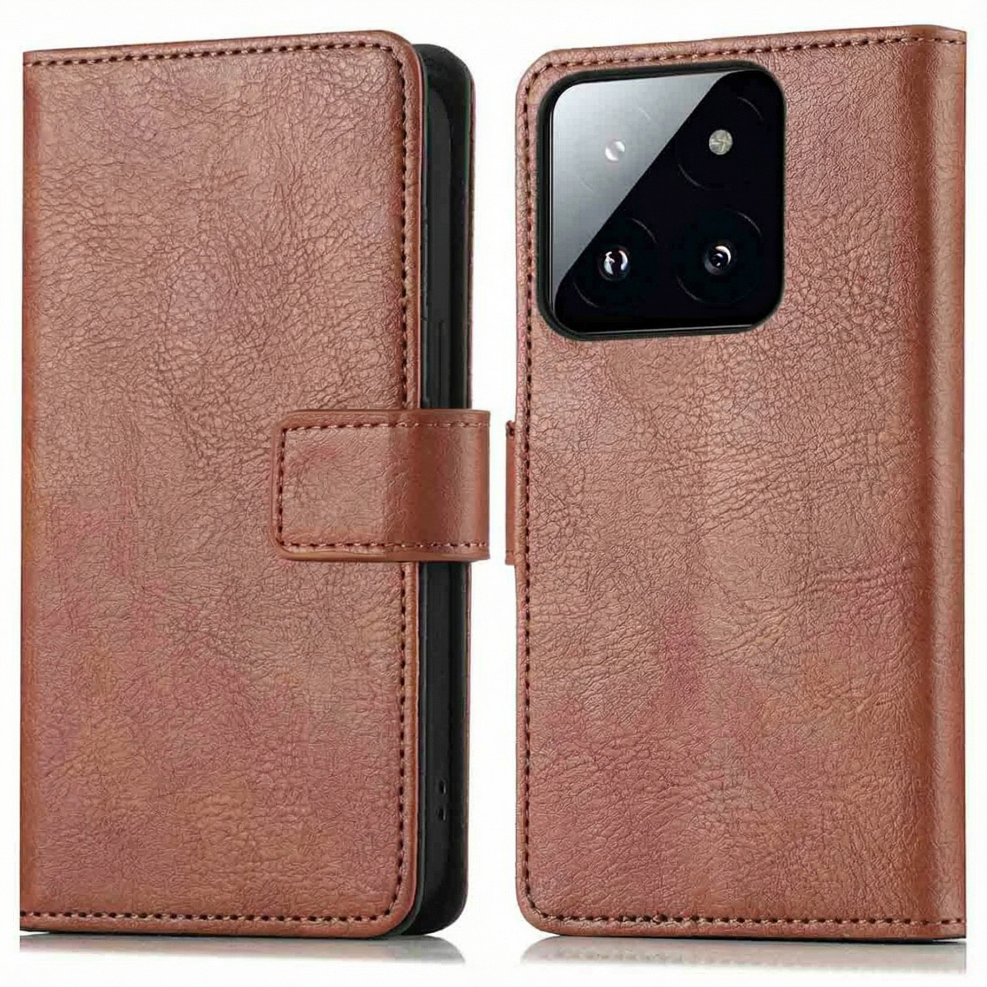 Étui portefeuille en cuir marron avec fermoir magnétique et découpe caméra.