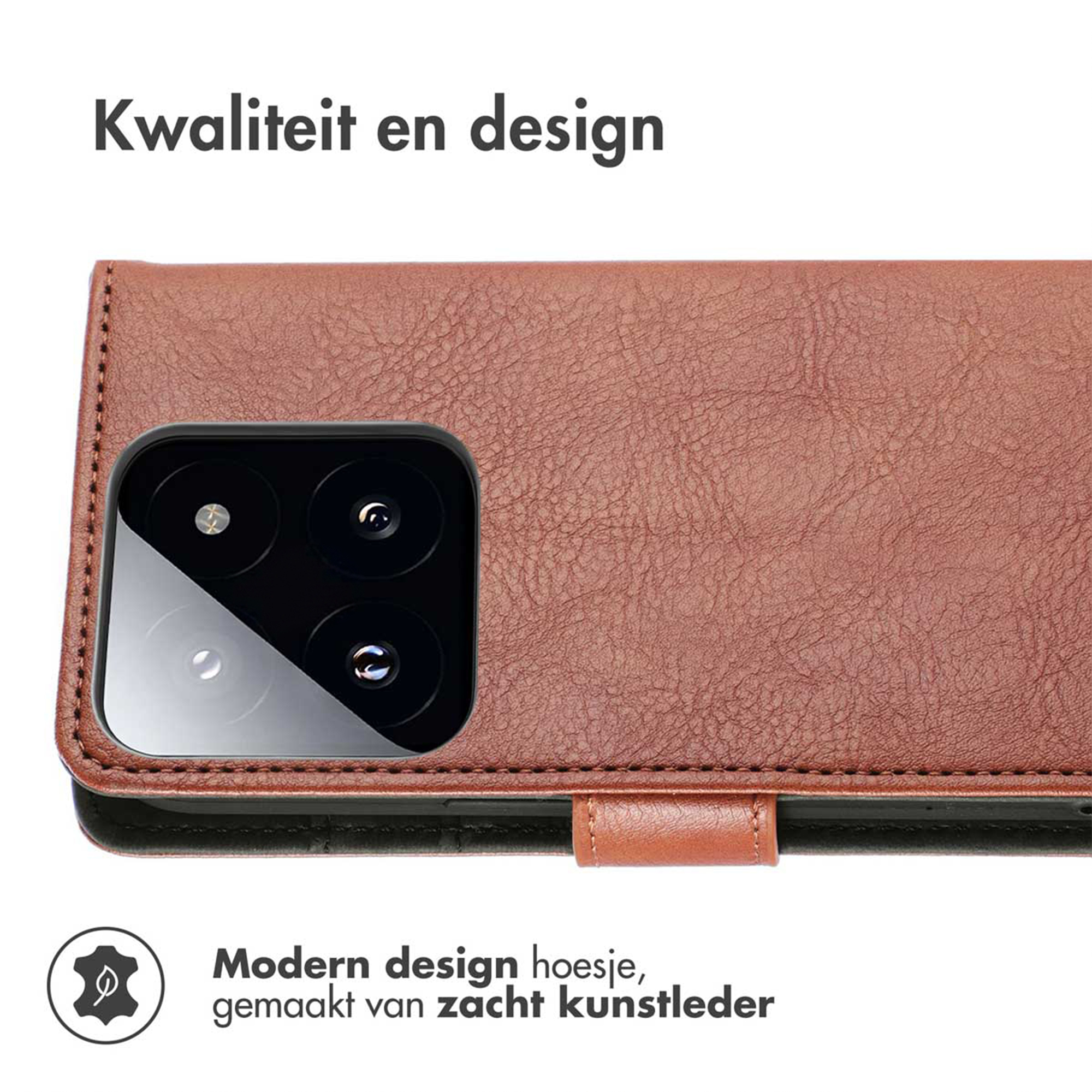 Étui de téléphone en similicuir marron avec découpe caméra et texte.