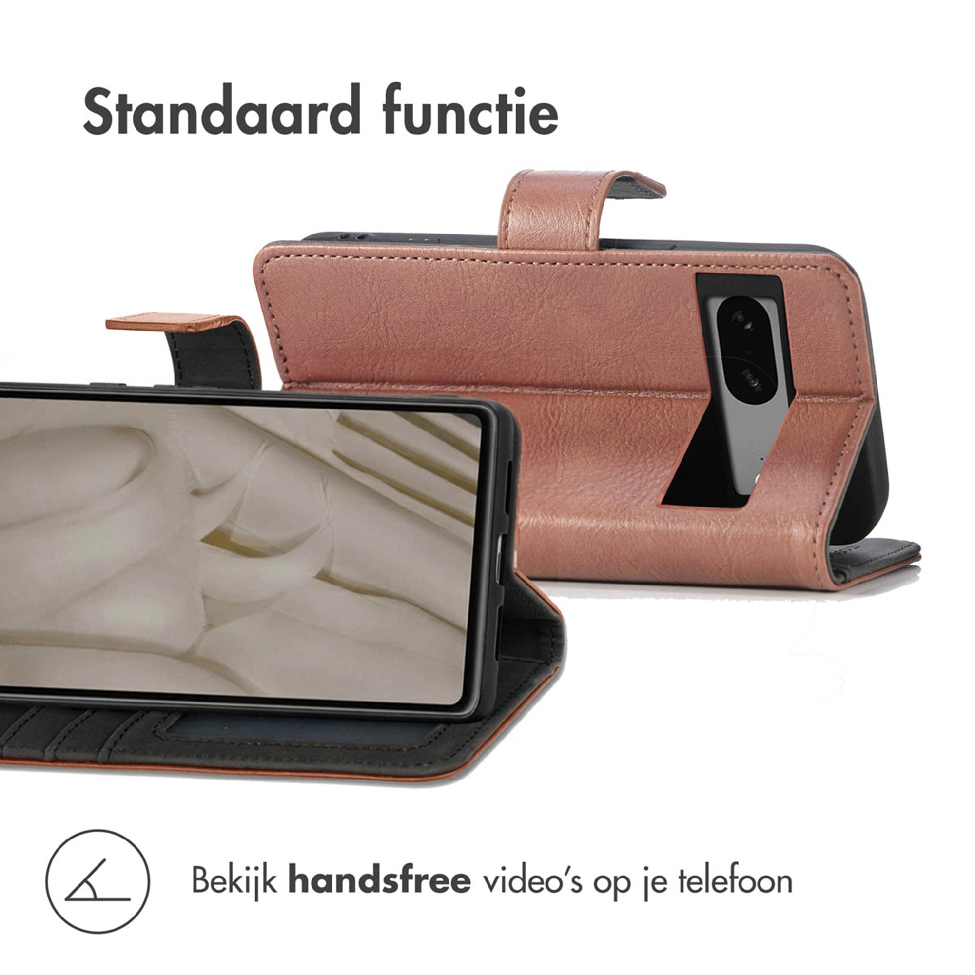 Een roségouden telefoonhoesje in liggende modus, met een telefoon erop.