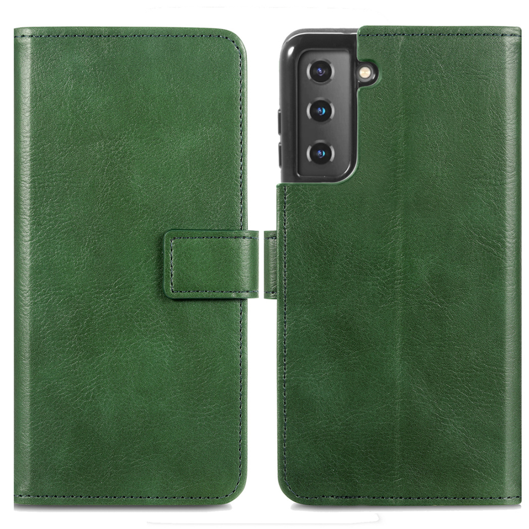 Étui de téléphone en cuir vert style livre ouvert avec découpes pour appareil photo.