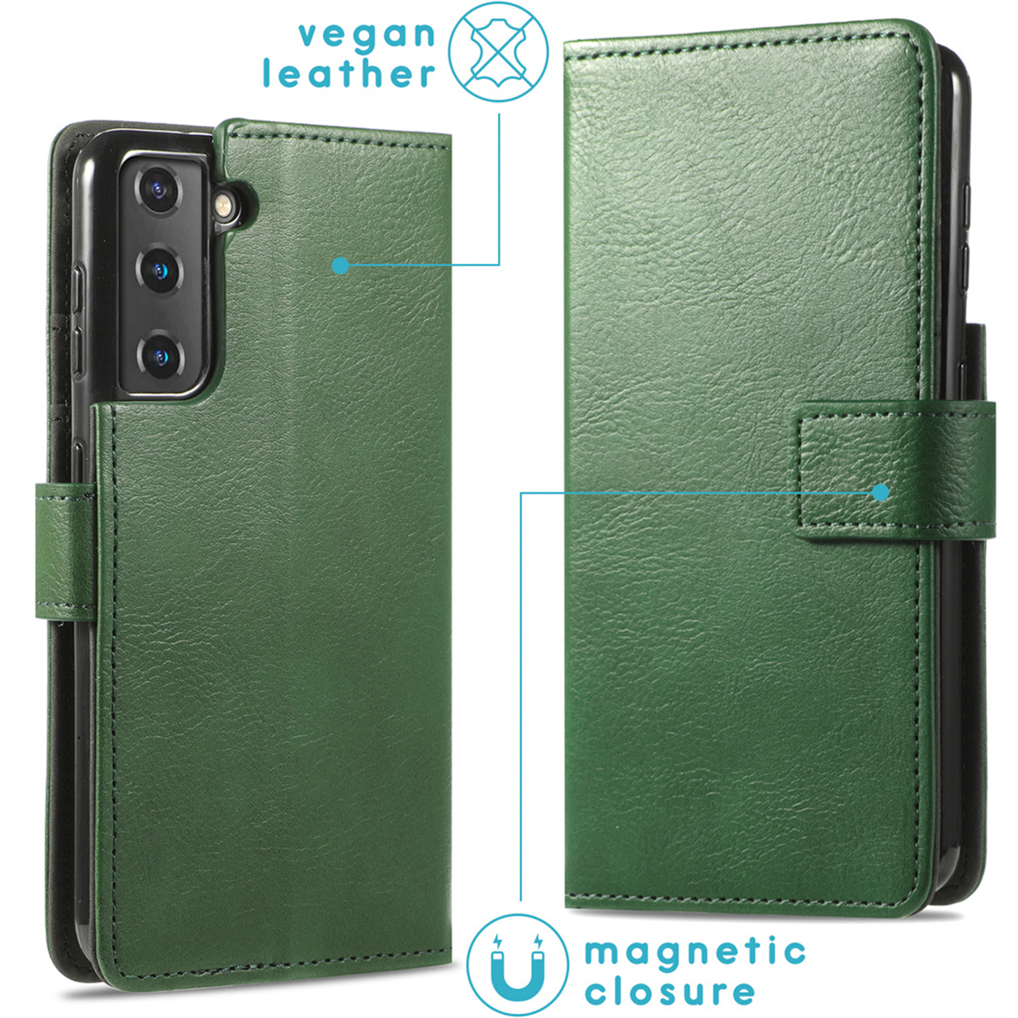 Étui de téléphone vert en cuir végétalien avec fermeture magnétique.