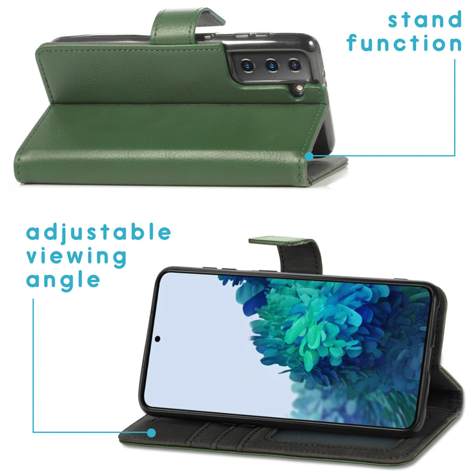 Étui de téléphone vert en mode support et angle de vue réglable.