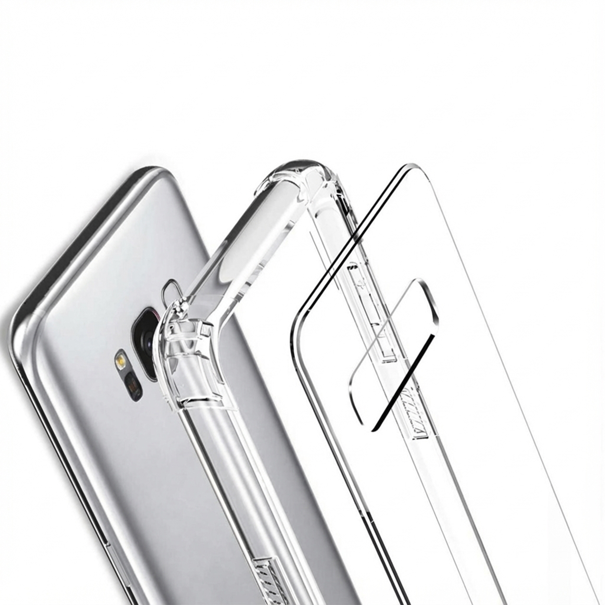 Custodia trasparente accanto a uno smartphone argentato, primo piano.