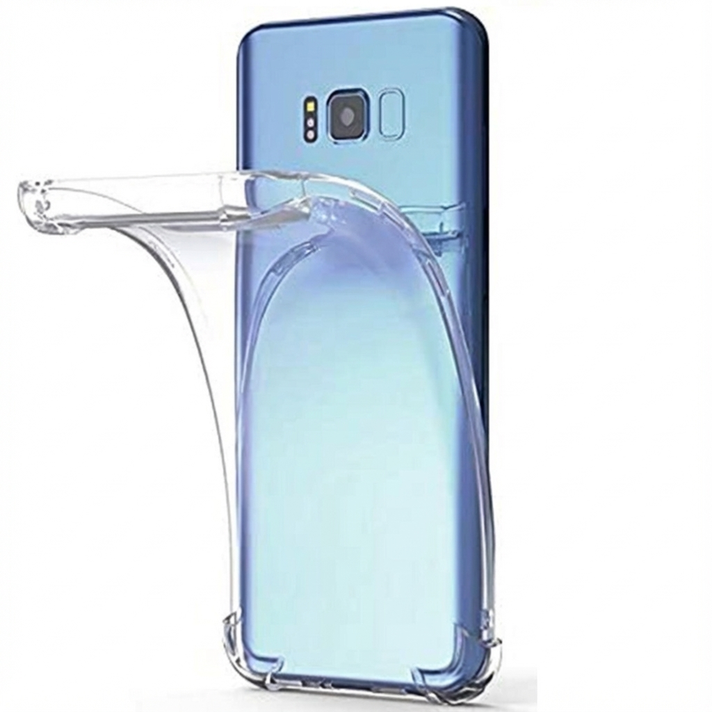 Una custodia trasparente per telefono posizionata su uno smartphone blu.