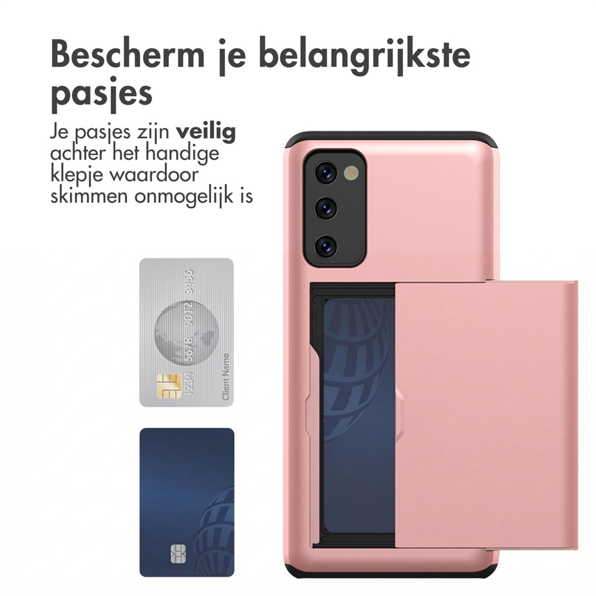 Een roze telefoon met kaarthouder toont twee creditcards.