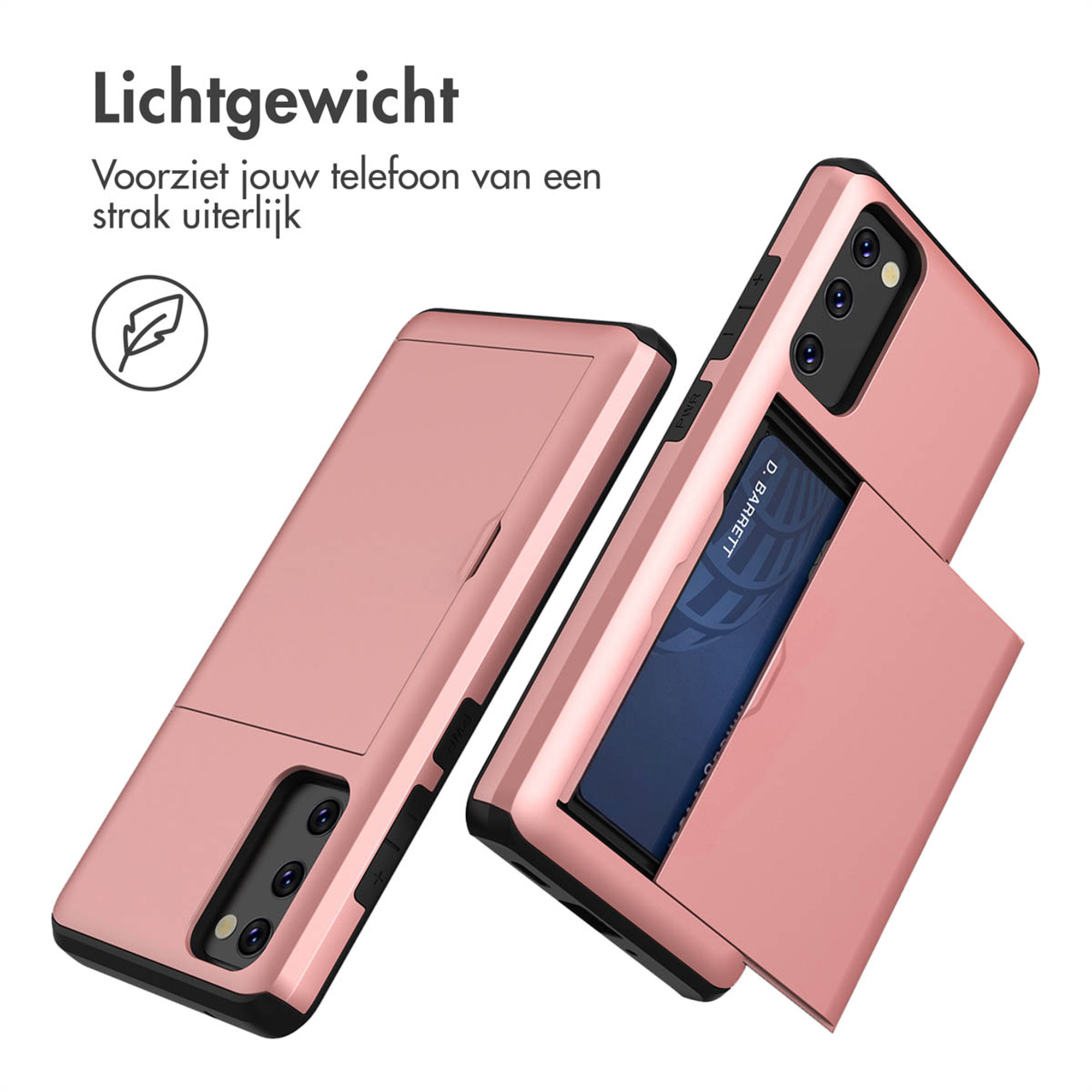 Twee roségouden telefoonhoesjes met kaarthouders op witte achtergrond.