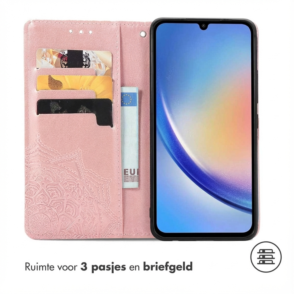 Een roze telefoonhoes met kaartsleuven en een telefoon.