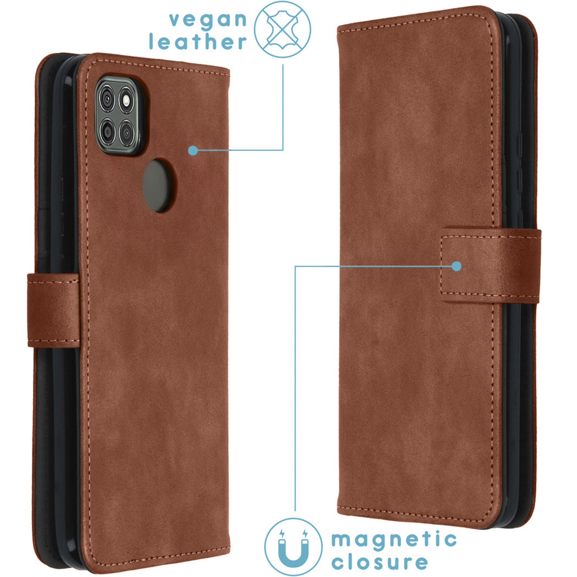 Bruine vegan leren telefoonhoes met magnetische sluiting.