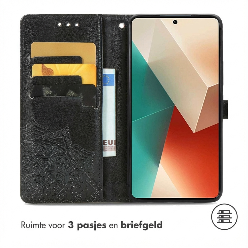 Zwart wallet hoesje met kaartsleuven, geldvak en telefoon.