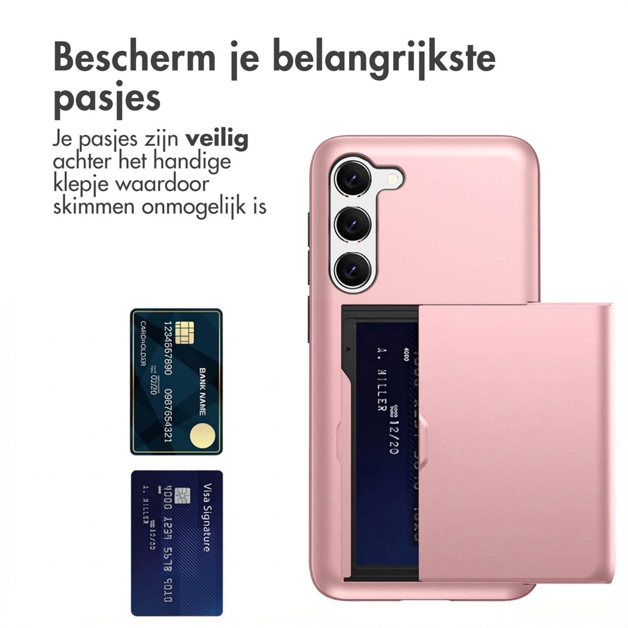 Roze telefoonhoes met kaarthouder toont twee creditcards.