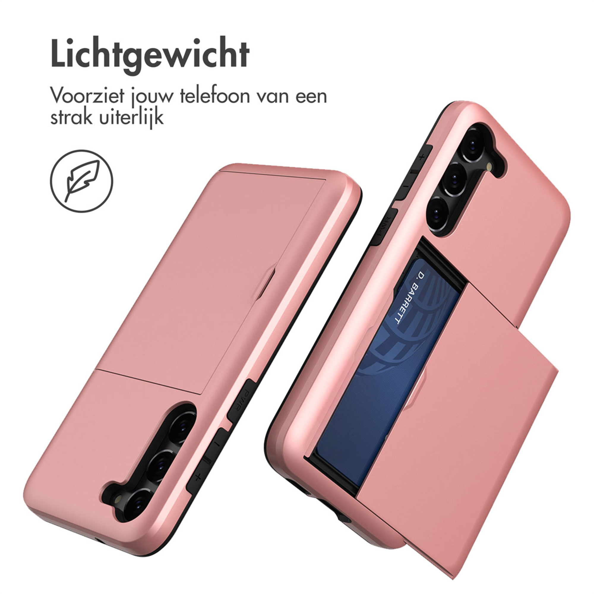 Twee roségouden telefoonhoesjes met kaarthouders op witte achtergrond.
