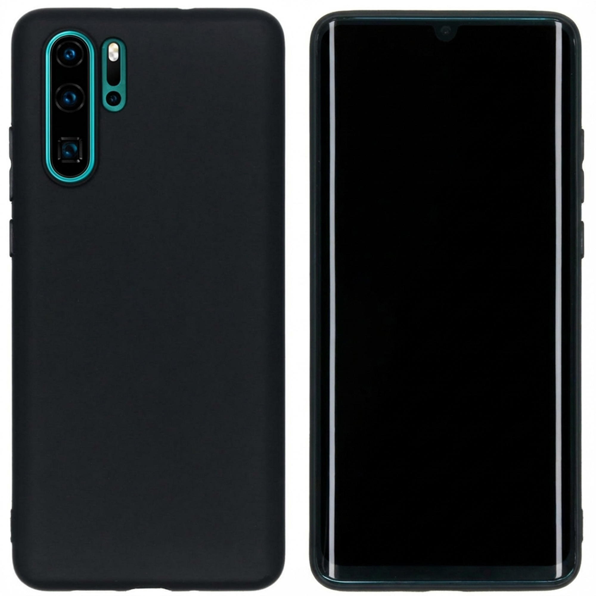 Zwarte telefoonhoes toont cameramodule. Naast een smartphone met zwart scherm.