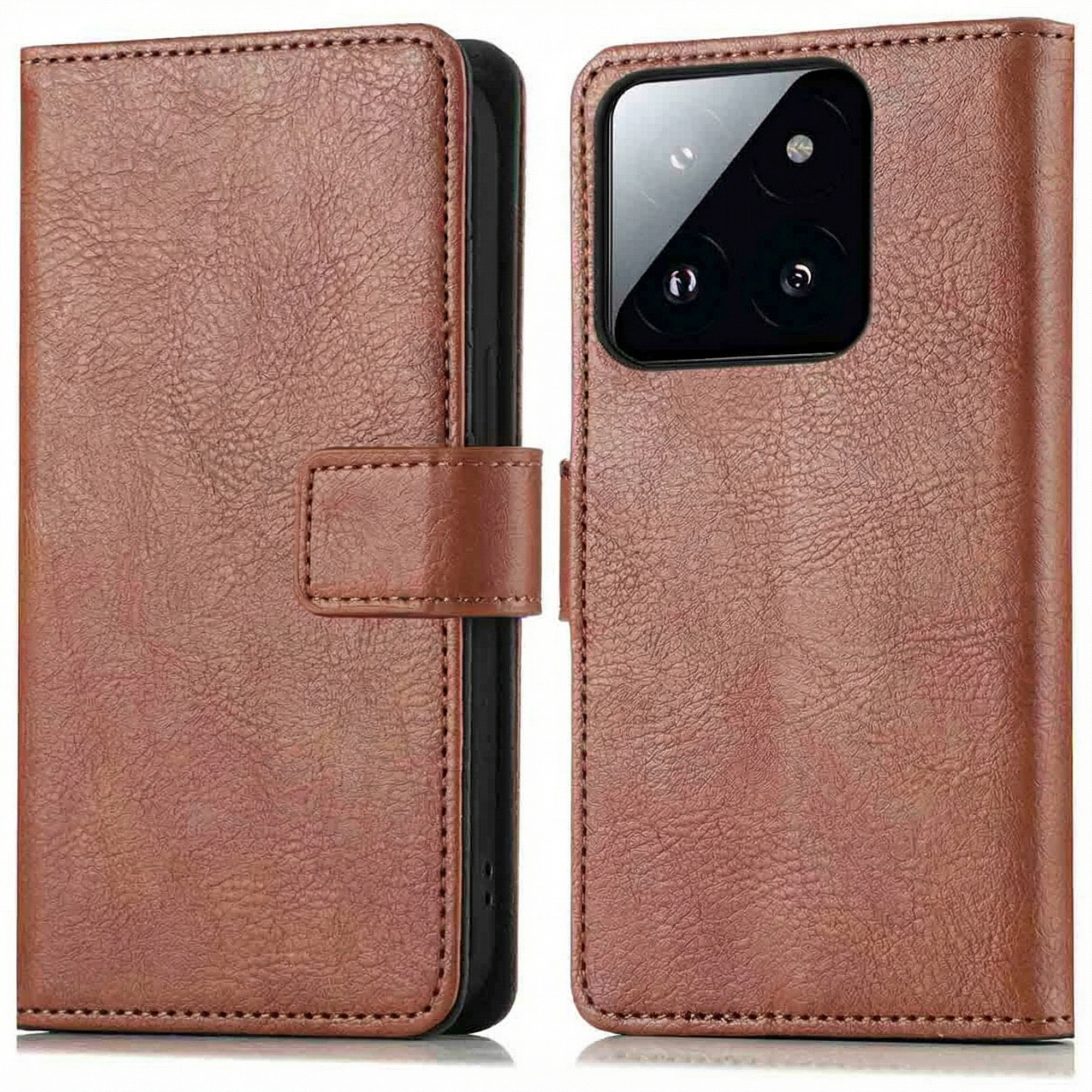 Étui de téléphone en cuir marron avec découpe caméra et fermeture magnétique.