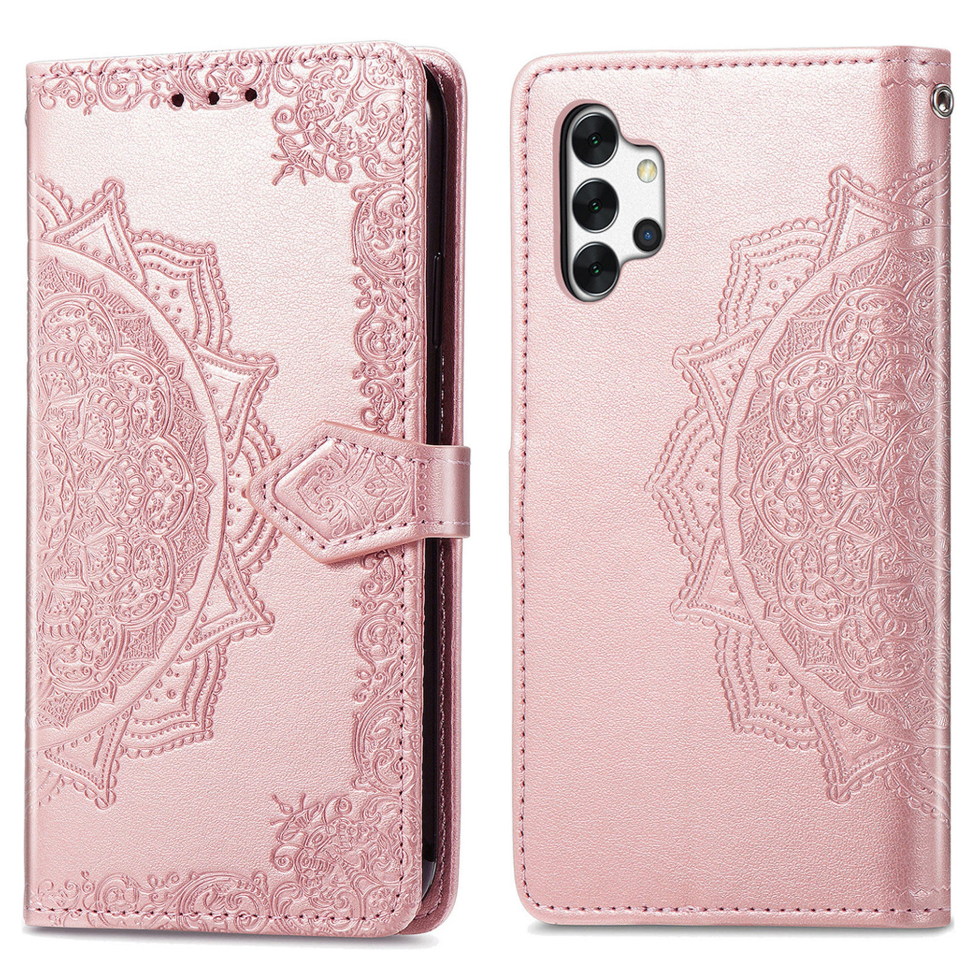 Een roségouden telefoonhoesje met mandalapatroon, open en gesloten getoond.