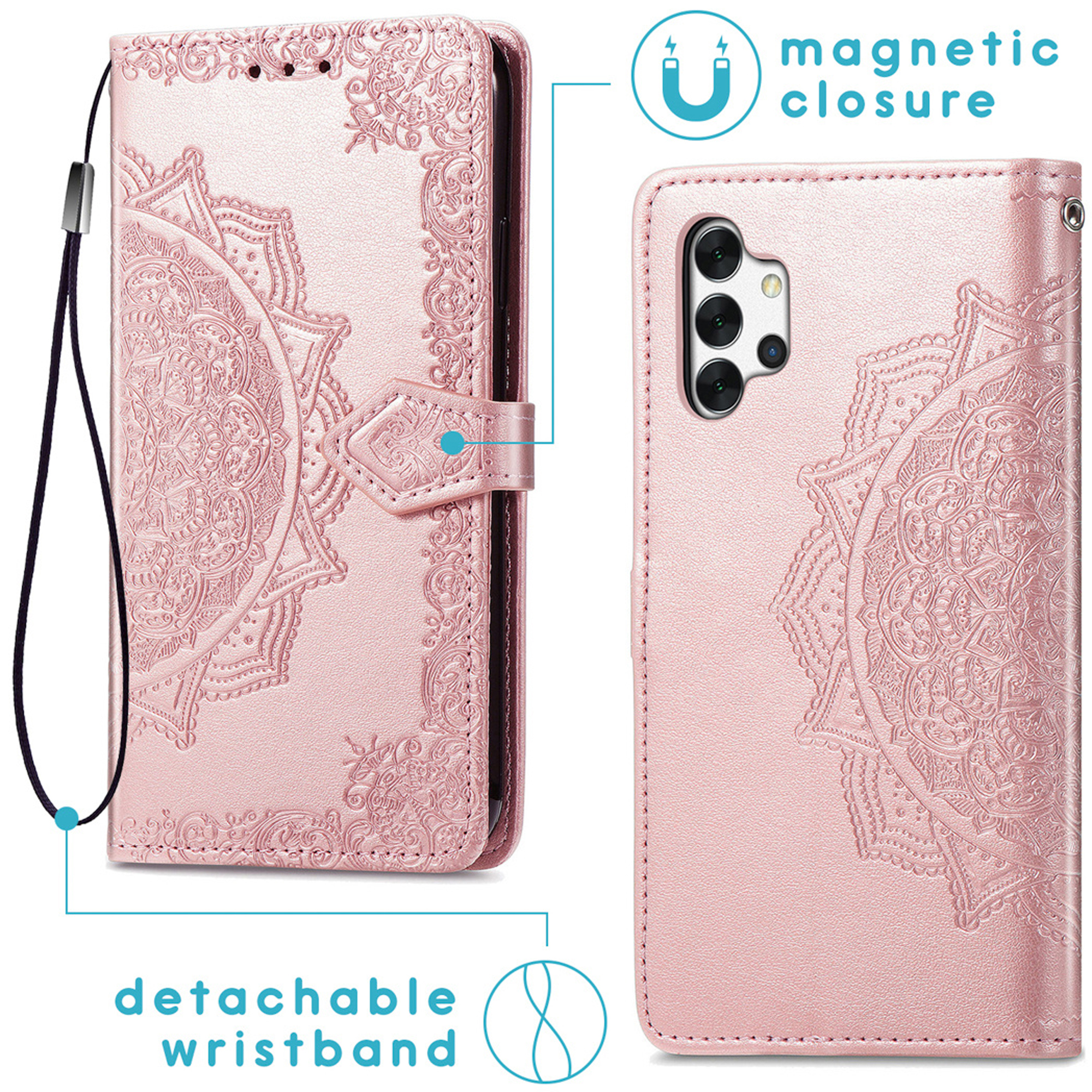 Roze telefoonhoes met mandala-reliëf, afneembare polsband en magnetische sluiting.