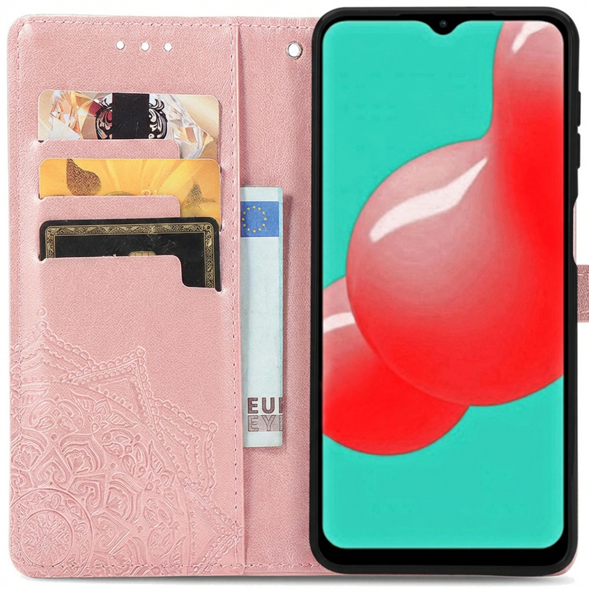 Een roze telefoonhoesje met kaartsleuven en een telefoon met rood abstract ontwerp.