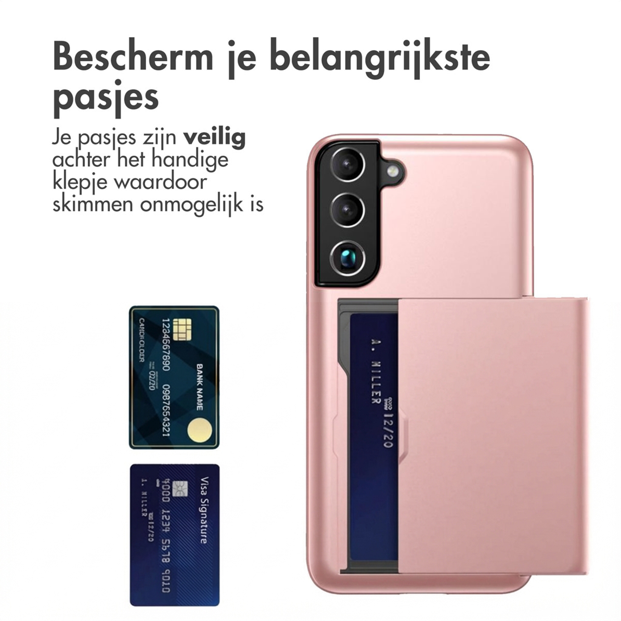 Een roségouden telefoonhoes met kaarthouder toont twee creditcards.