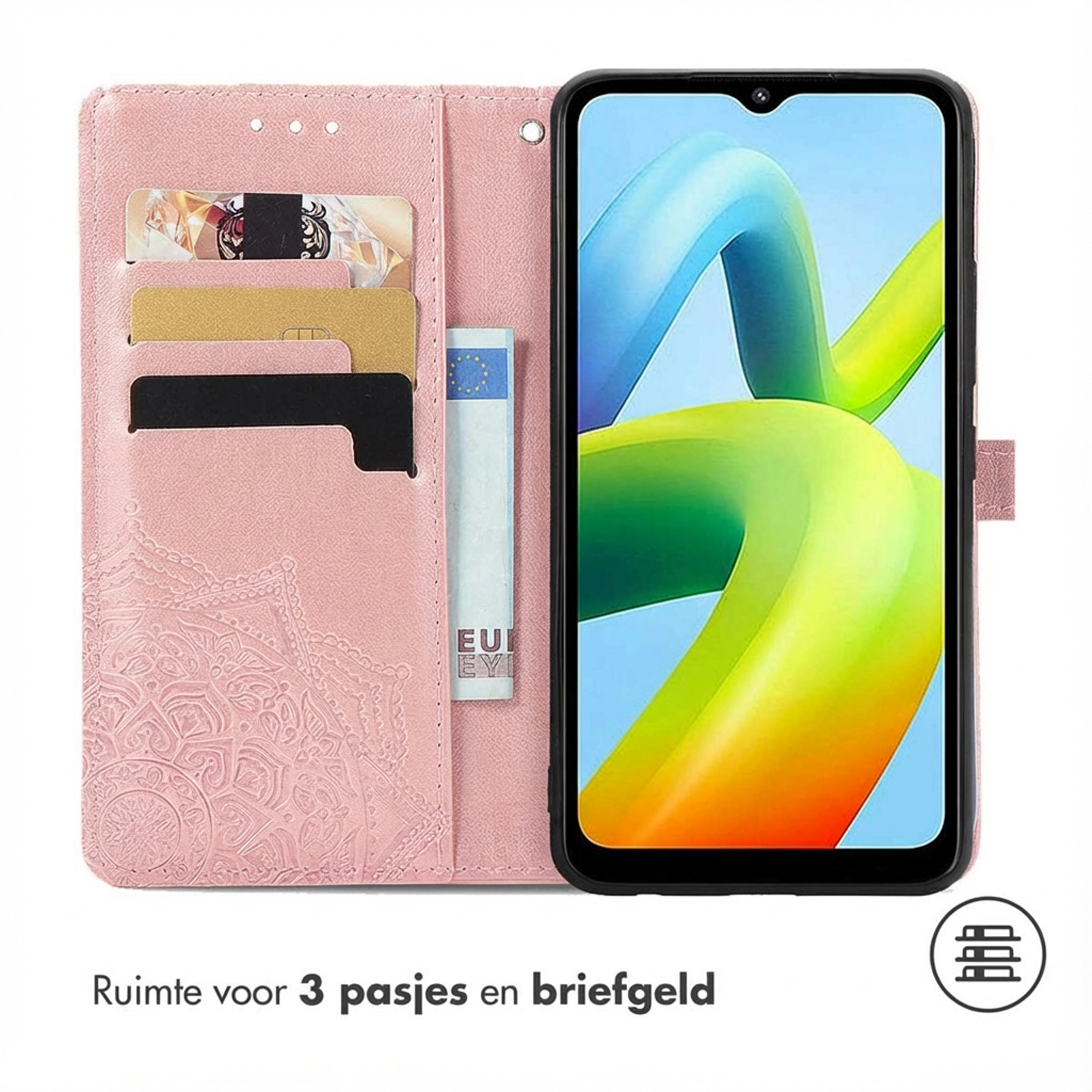 Een roze telefoonhoes met kaartsleuven en een telefoon met een kleurrijk scherm.